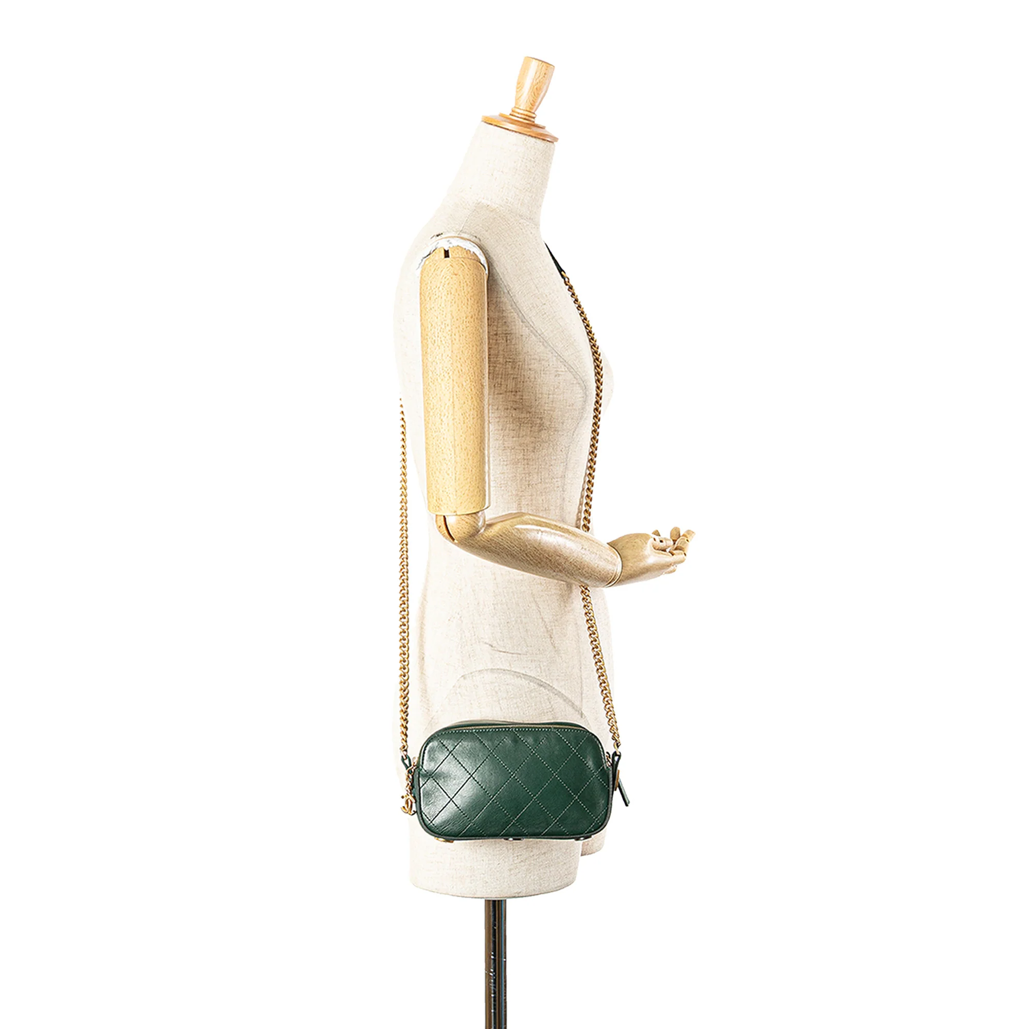 Chanel | Pre-Owned Stitched Calfskin and Grosgrain Button Up Double Zip Camera Bag | Green/Dark Green - Image 4