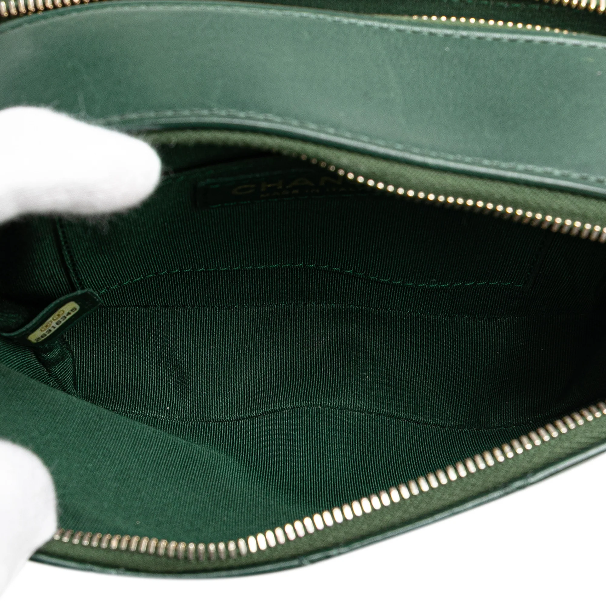 Chanel | Pre-Owned Stitched Calfskin and Grosgrain Button Up Double Zip Camera Bag | Green/Dark Green - Image 9