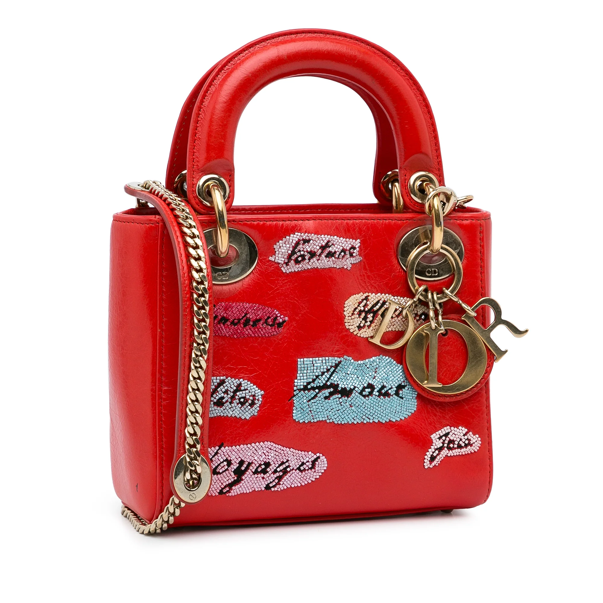 Dior | Pre-Owned Mini Calfskin Sequin Embellished Lady Dior | Red - Image 3
