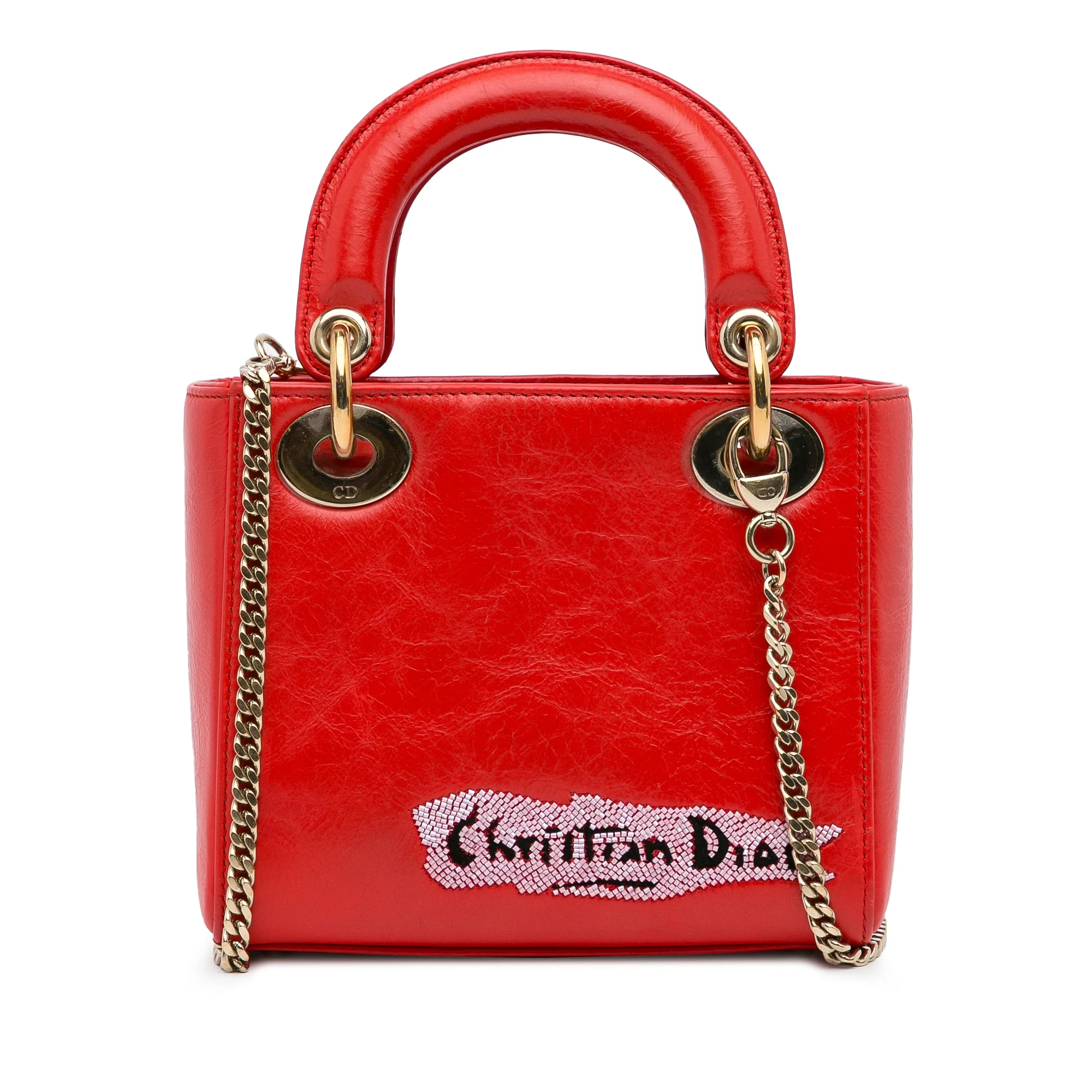 Dior | Pre-Owned Mini Calfskin Sequin Embellished Lady Dior | Red - Image 4