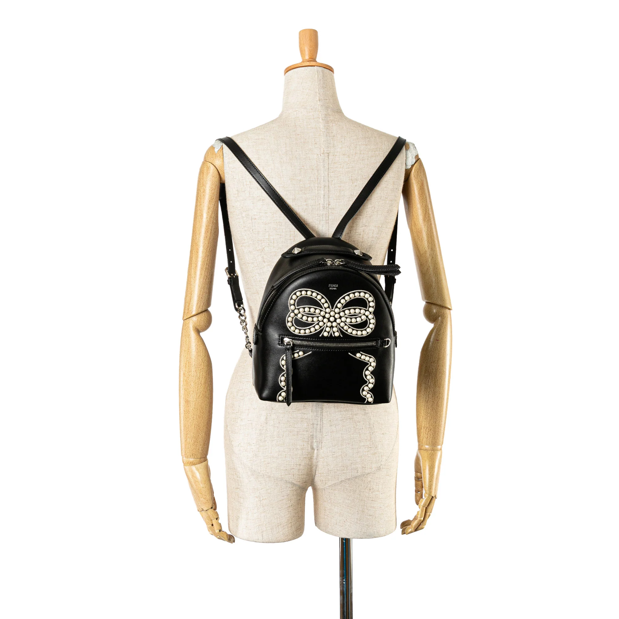 Fendi | Pre-Owned Mini By The Way Leather Ribbon Pearl Backpack | Black - Image 2