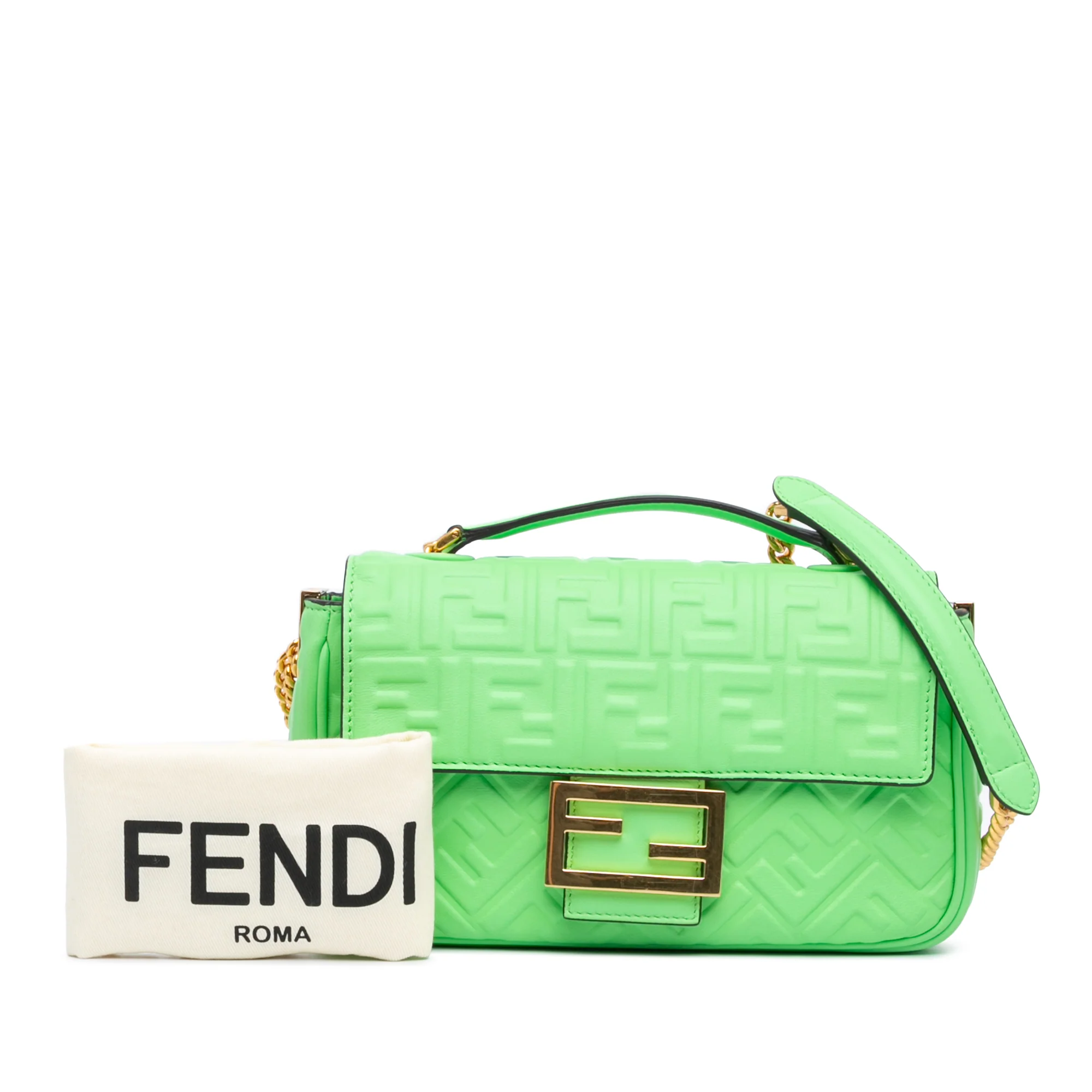 Fendi | Pre-Owned Zucca Embossed Leather Chain Midi Baguette - II | Green/Light Green - Image 8