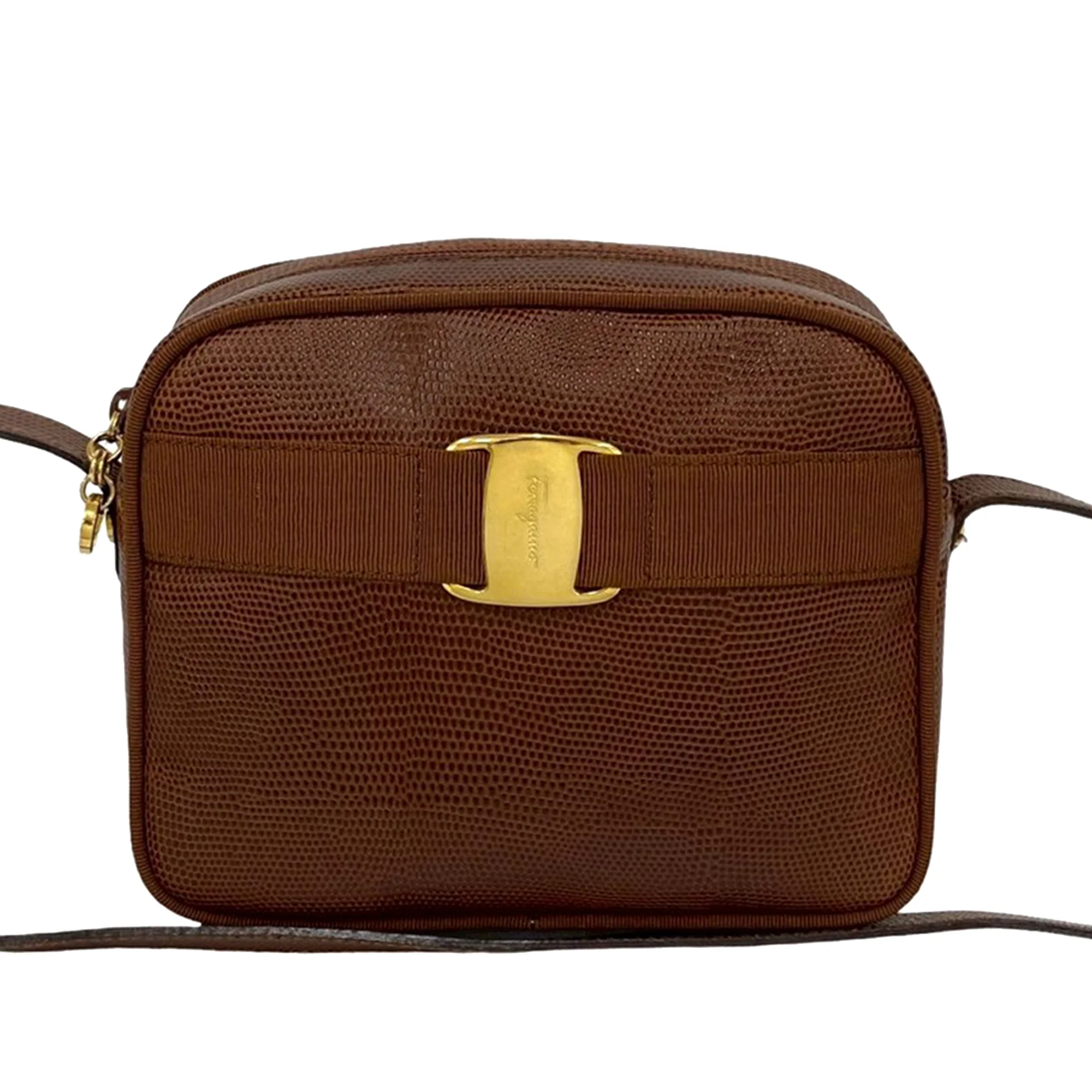 Ferragamo | Pre-Owned Lizard Embossed Leather Vara Crossbody | Brown