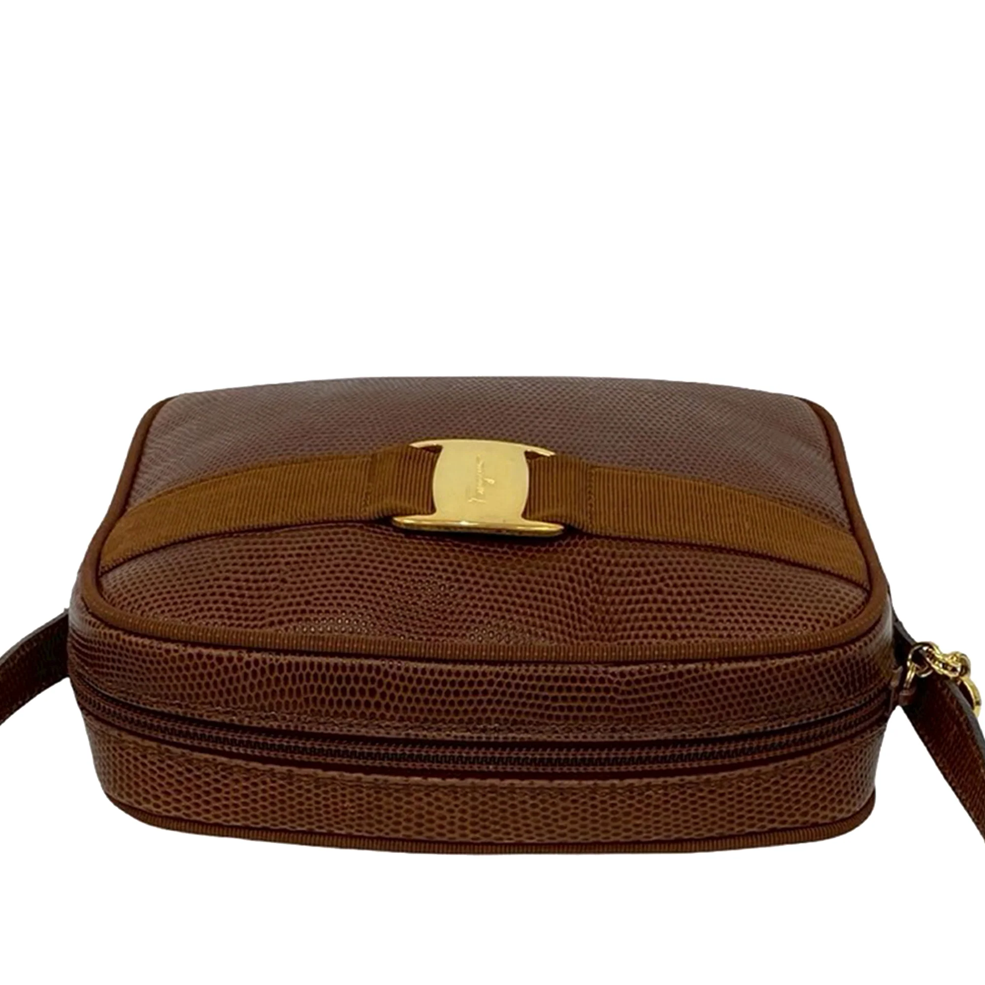 Ferragamo | Pre-Owned Lizard Embossed Leather Vara Crossbody | Brown - Image 9