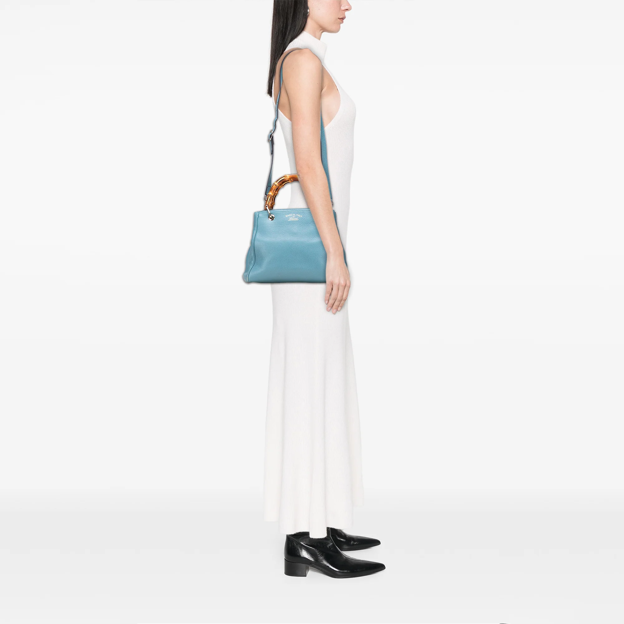 Gucci | Pre-Owned Small Calfskin Bamboo Shopper Satchel | Blue/Light Blue - Image 2