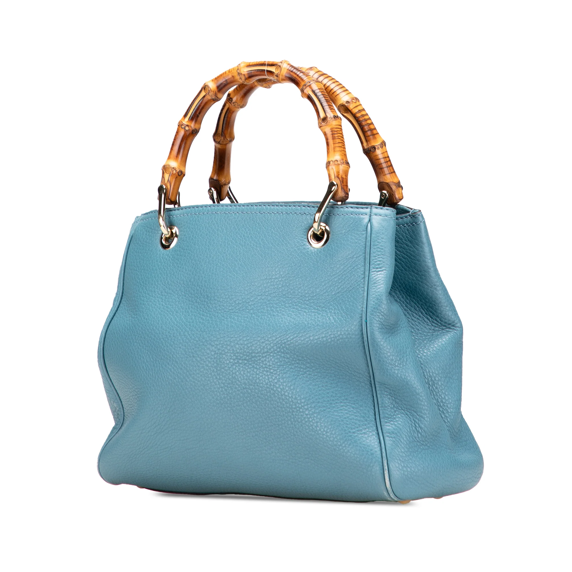 Gucci | Pre-Owned Small Calfskin Bamboo Shopper Satchel | Blue/Light Blue - Image 3