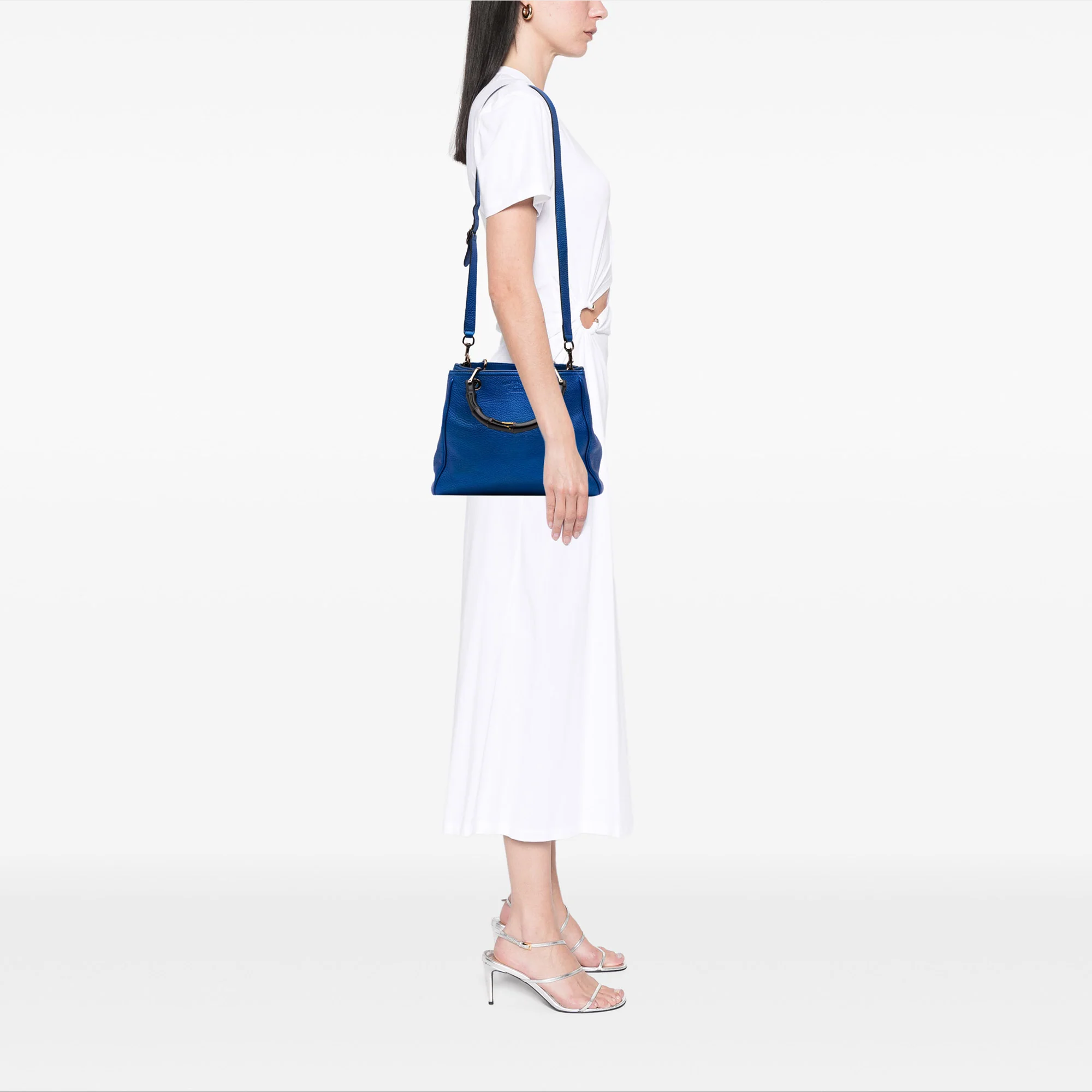 Gucci | Pre-Owned Small Metallic Calfskin Bamboo Shopper Satchel | Blue - Image 2