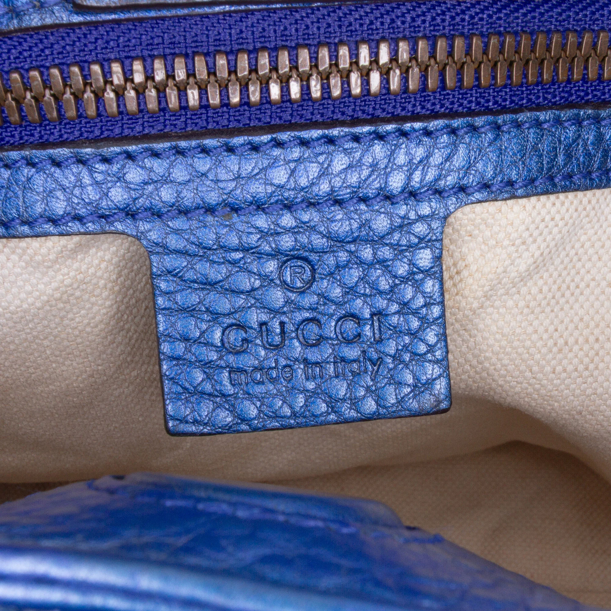 Gucci | Pre-Owned Small Metallic Calfskin Bamboo Shopper Satchel | Blue - Image 6