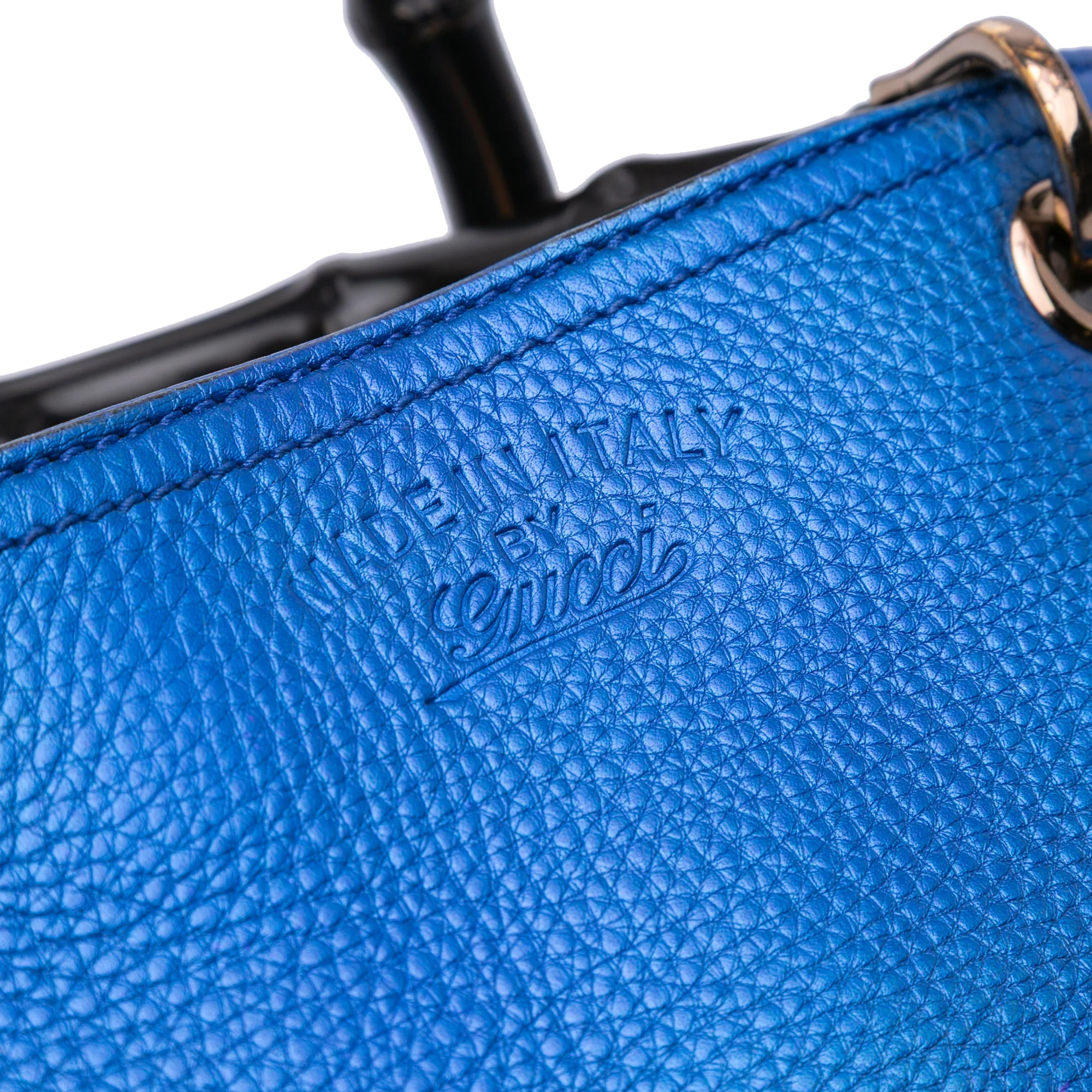 Gucci | Pre-Owned Small Metallic Calfskin Bamboo Shopper Satchel | Blue - Image 9