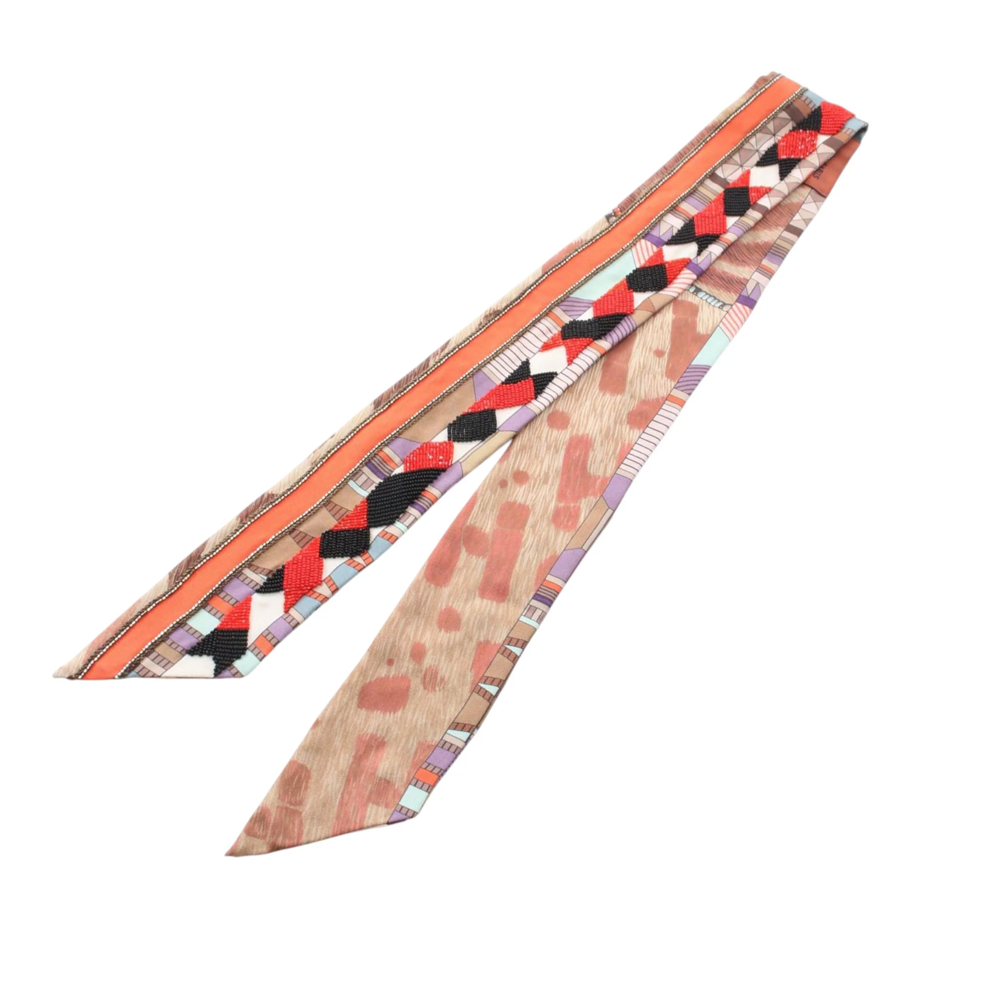 Hermes | Pre-Owned Beaded Pelages et Camouflage Precieux Silk Twilly Scarf | Brown/Light Brown
