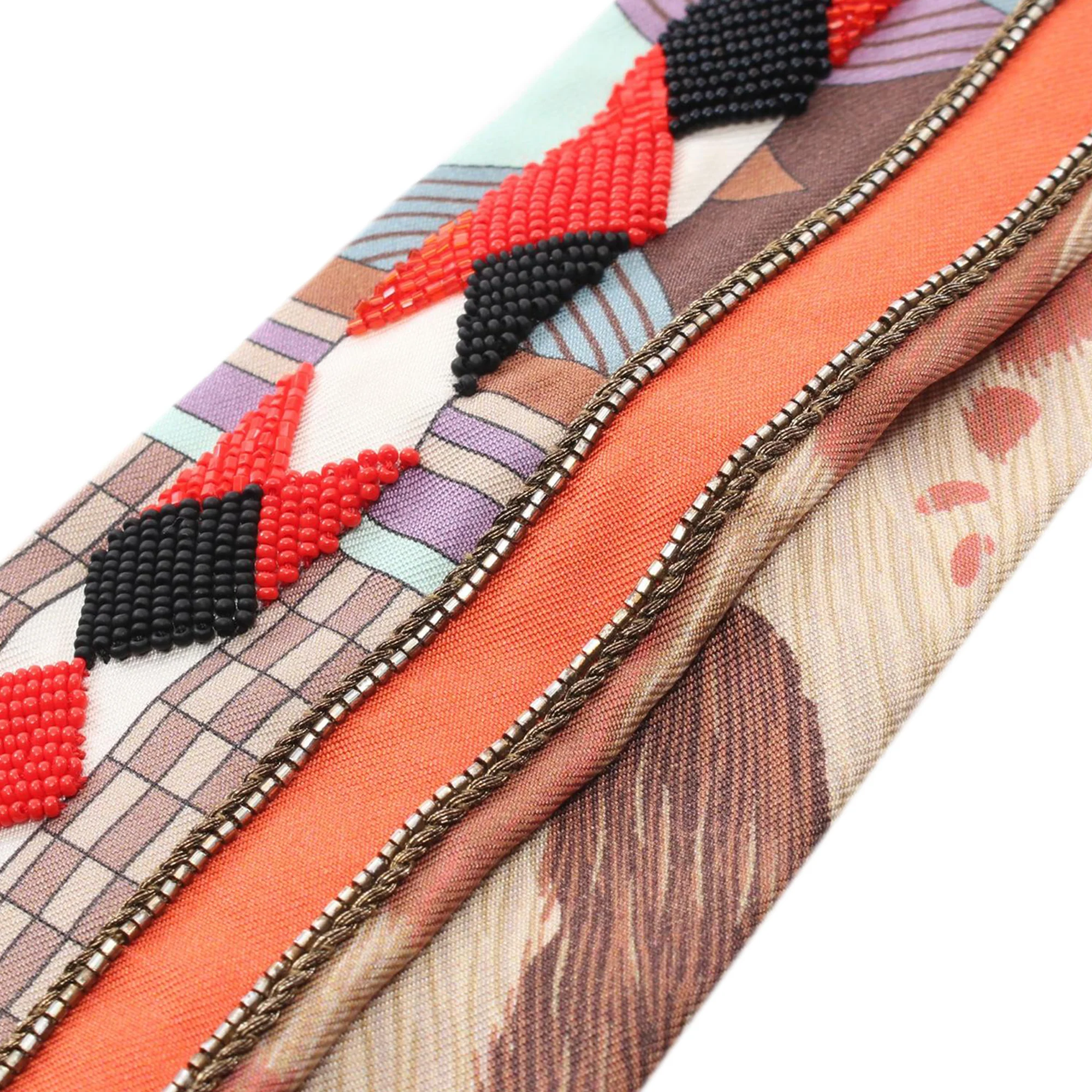 Hermes | Pre-Owned Beaded Pelages et Camouflage Precieux Silk Twilly Scarf | Brown/Light Brown - Image 5