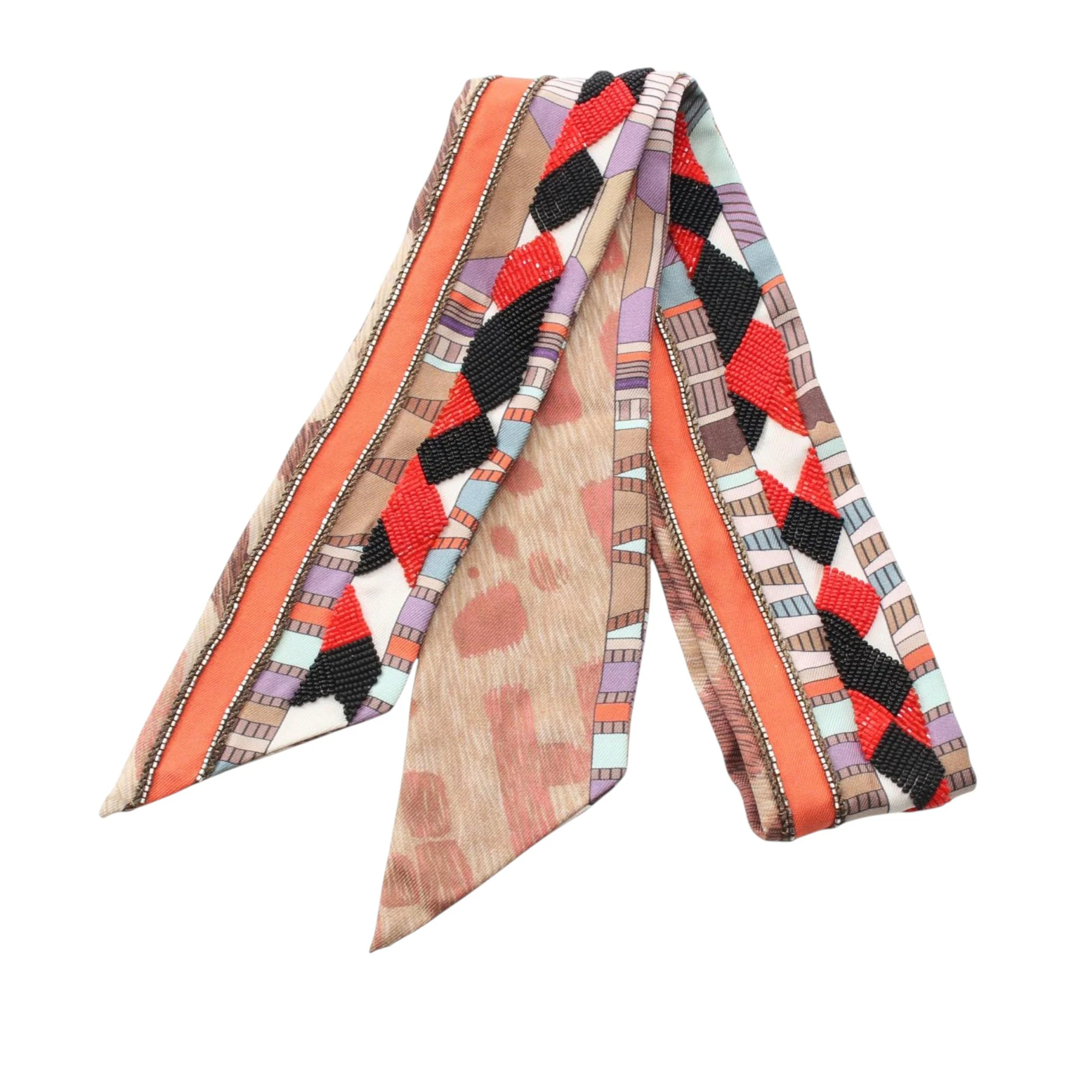 Hermes | Pre-Owned Beaded Pelages et Camouflage Precieux Silk Twilly Scarf | Brown/Light Brown - Image 6