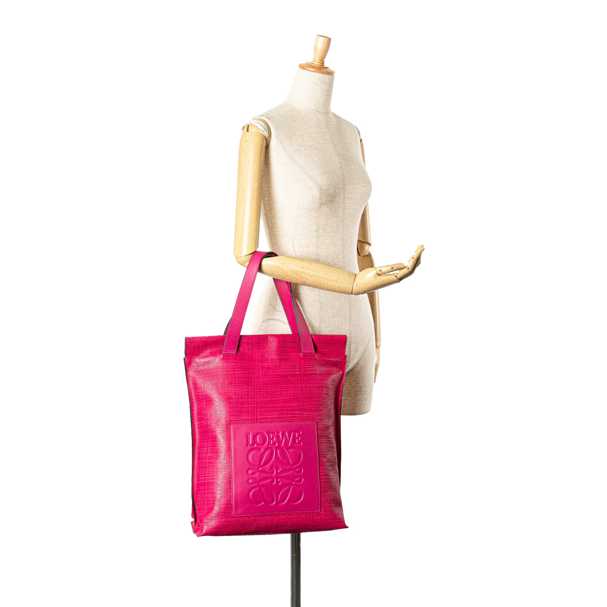 LOEWE | Pre-Owned Anagram Leather Shopper Tote | Pink/Hot Pink - Image 4