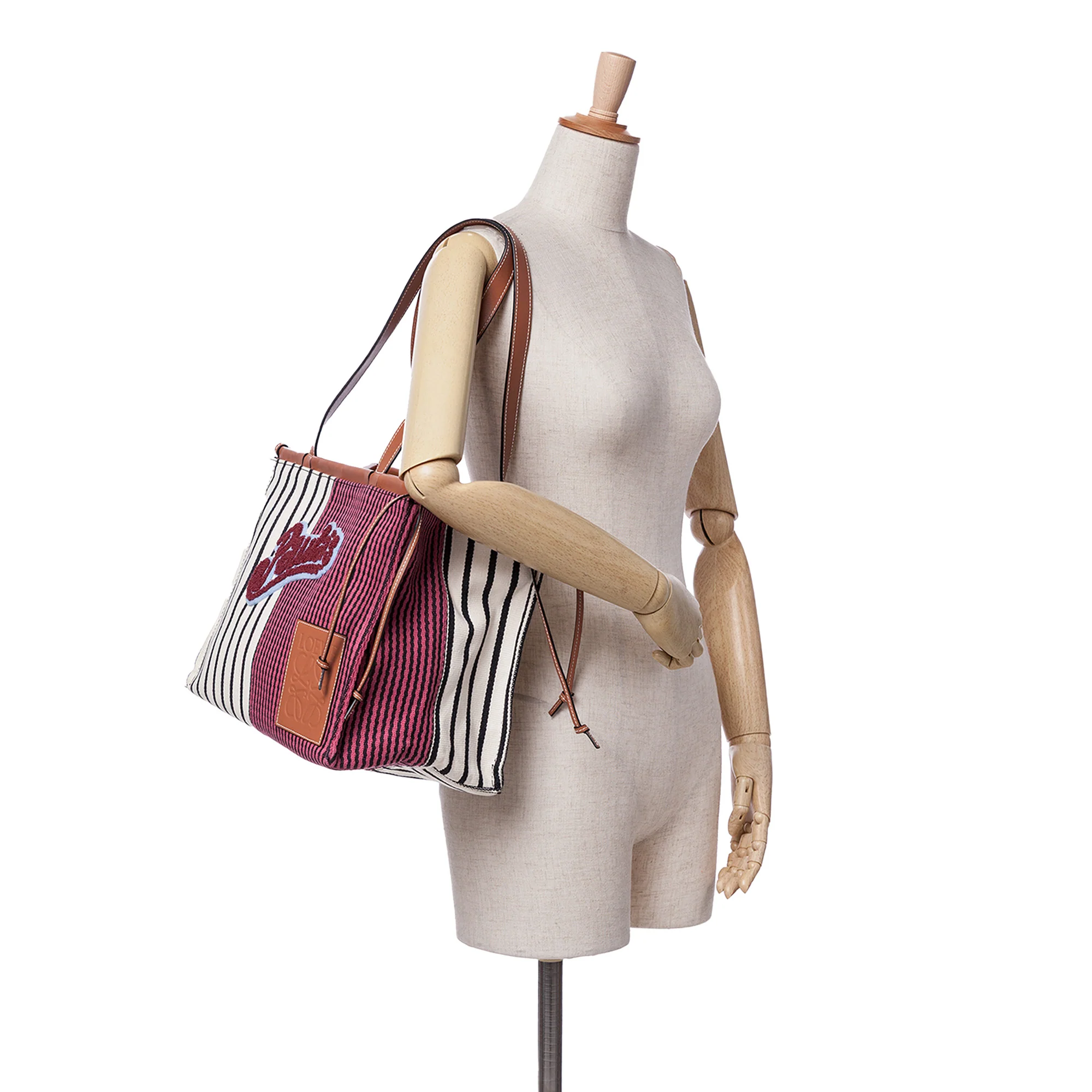 LOEWE | Pre-Owned Paulas Ibiza Large Canvas Stripes Cushion Tote | Red - Image 2