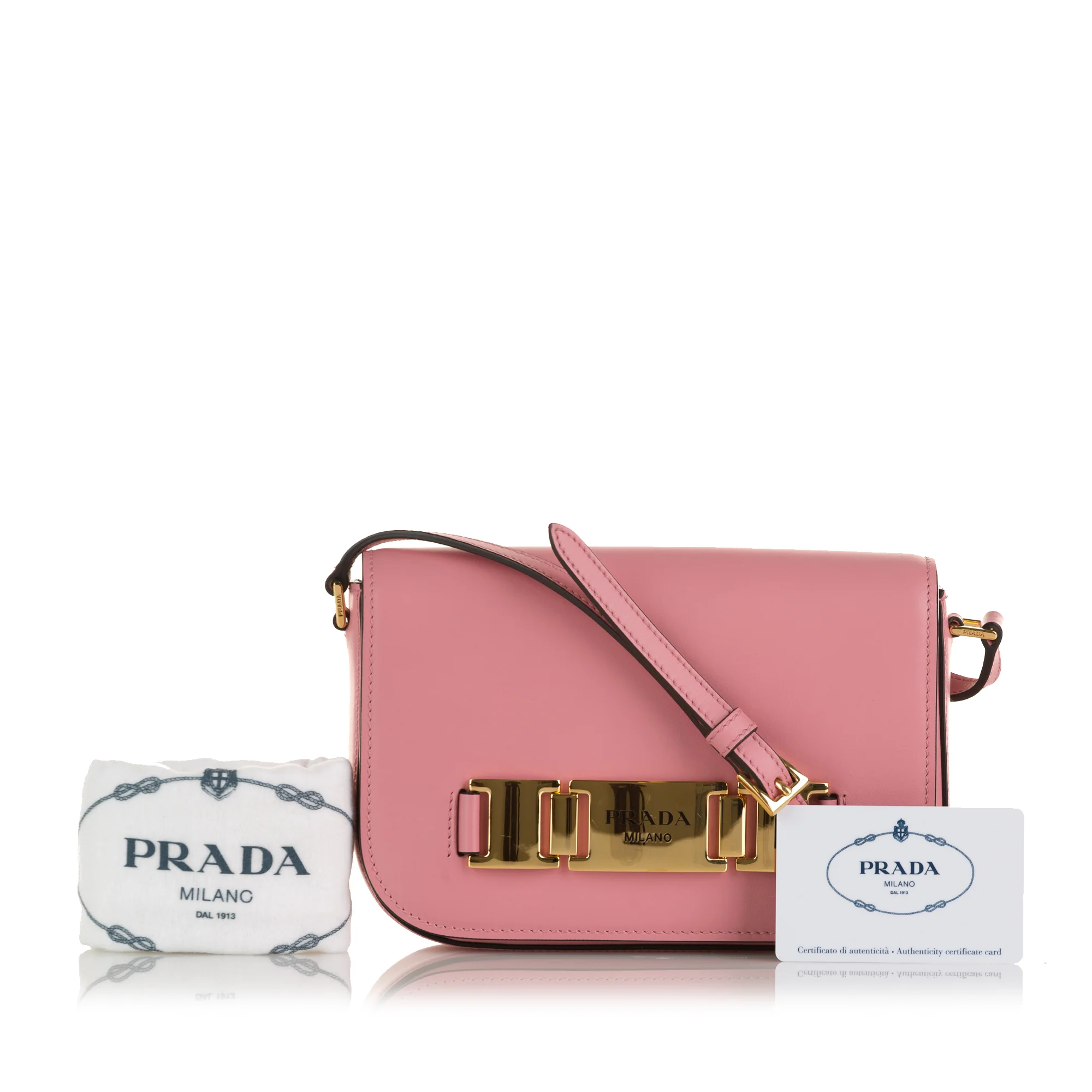 Prada | Pre-Owned Glace Calf Studded Etiquette Crossbody | Pink/Blush - Image 4