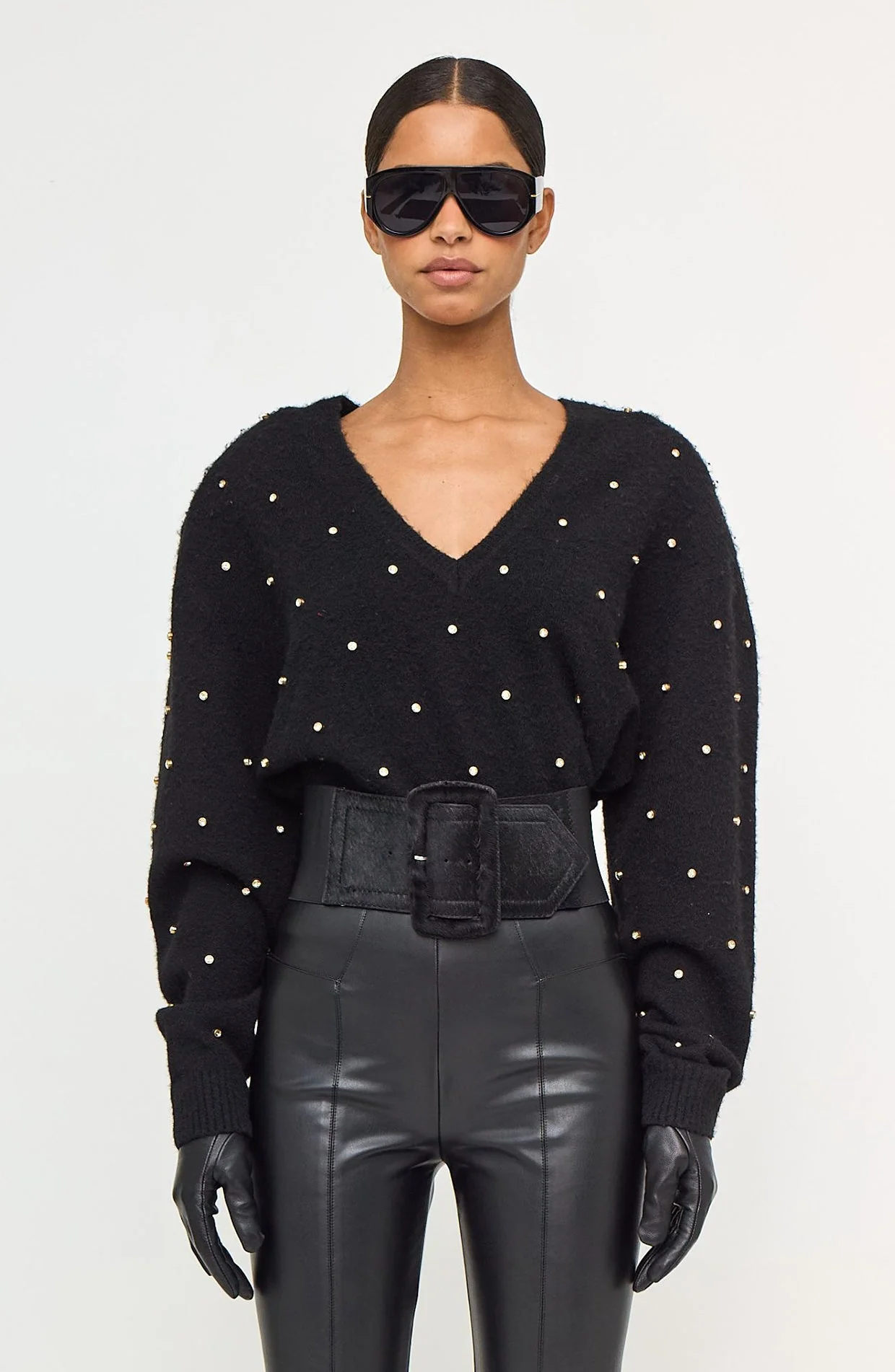 Corin Crystal Knit V-Neck | Black