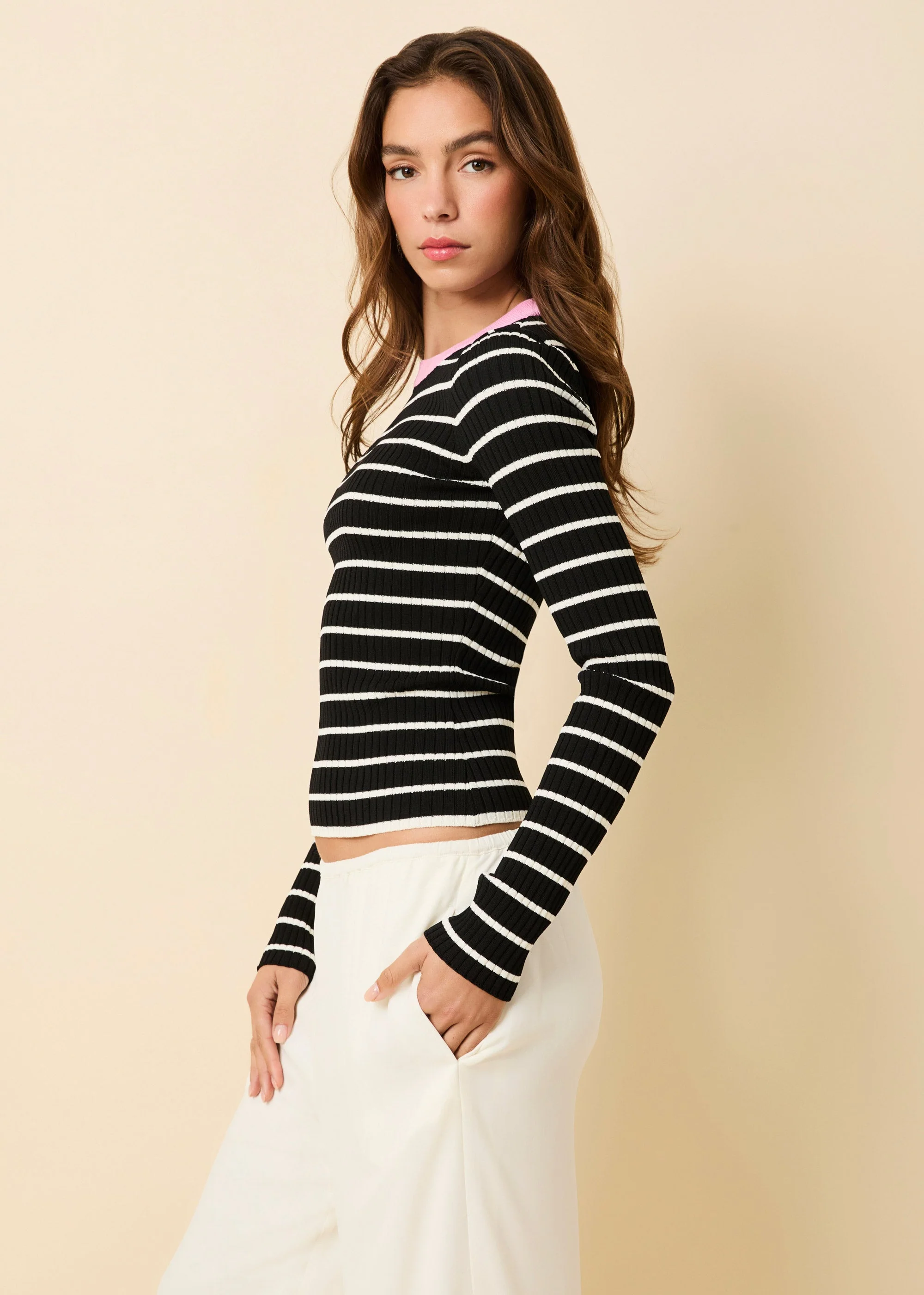 Dora Ribbed Knit Top | Noir / Brule Stripe / Bon Bon - Image 3