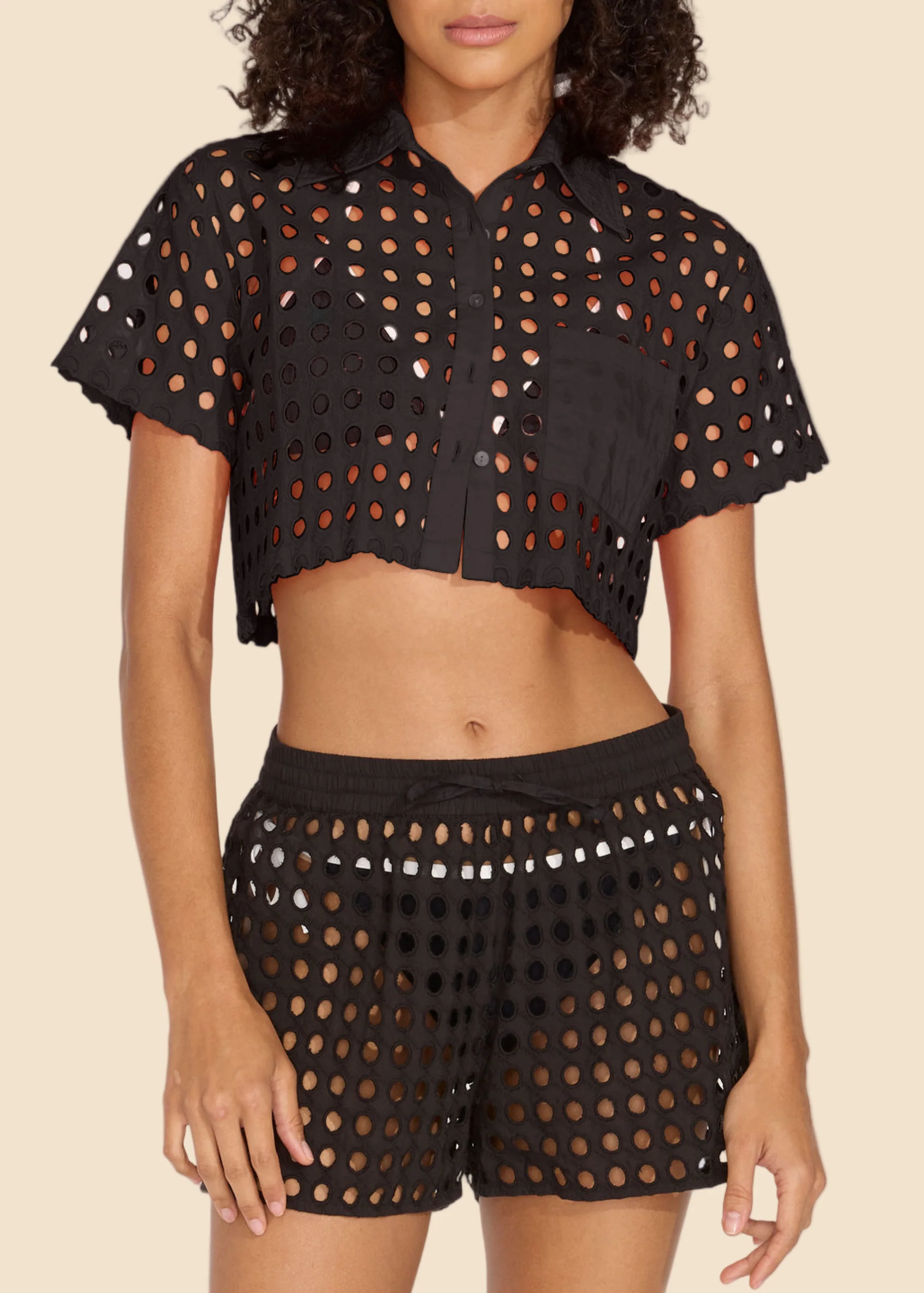 Cropped Cabana Shirt Classic Eyelet | Noir