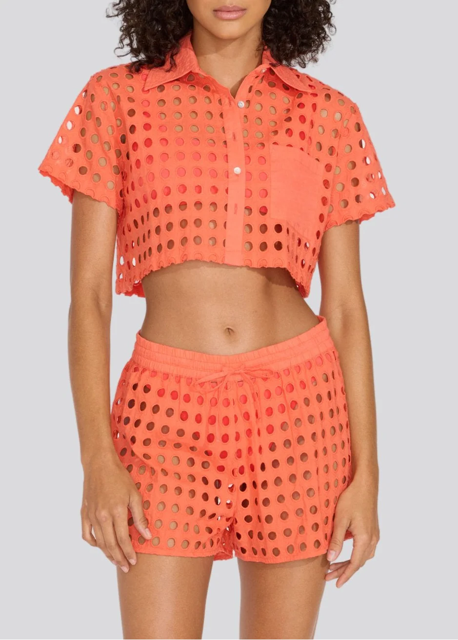 Eyelet Cropped Cabana Shirt | Hot Coral