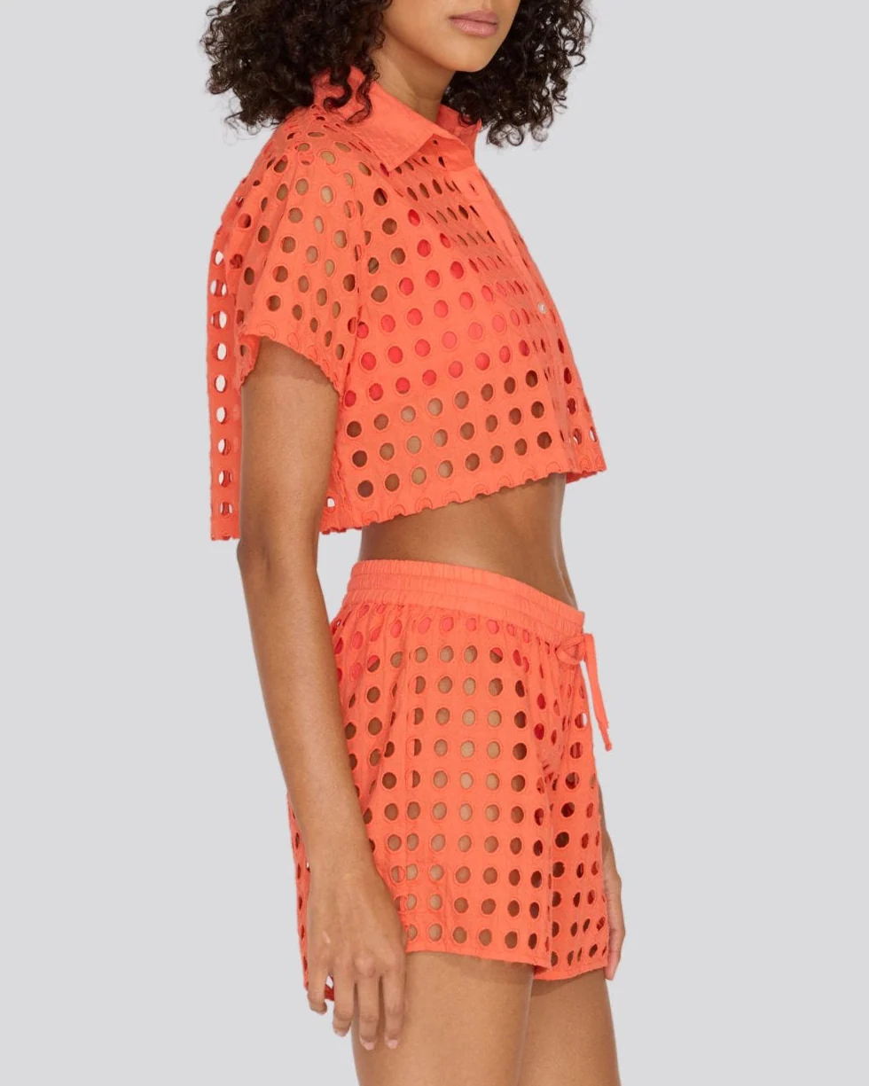 Eyelet Cropped Cabana Shirt | Hot Coral - Image 3