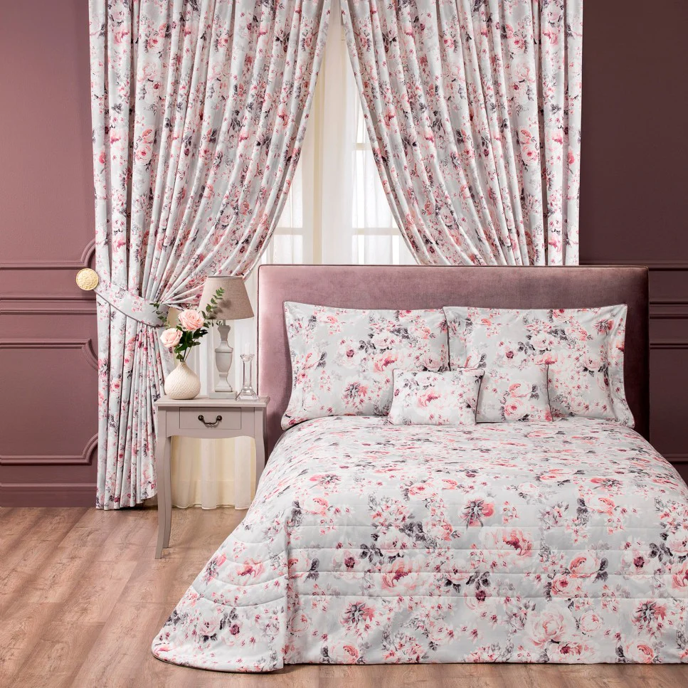 Bedspread - Loretta | Light Gray/Tonal Coral | 102" x 102"