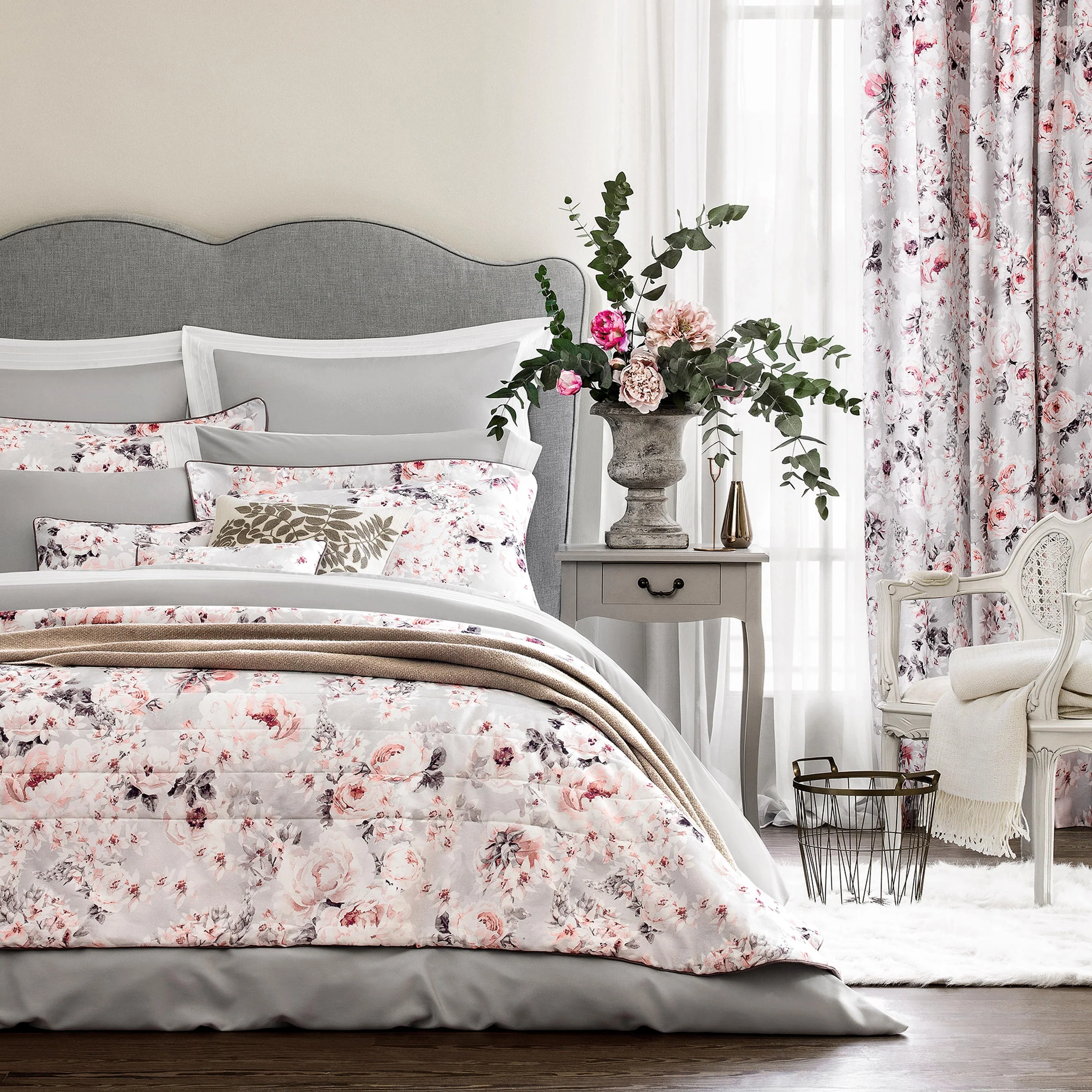 Bedspread - Loretta | Light Gray/Tonal Coral | 102" x 102" - Image 3