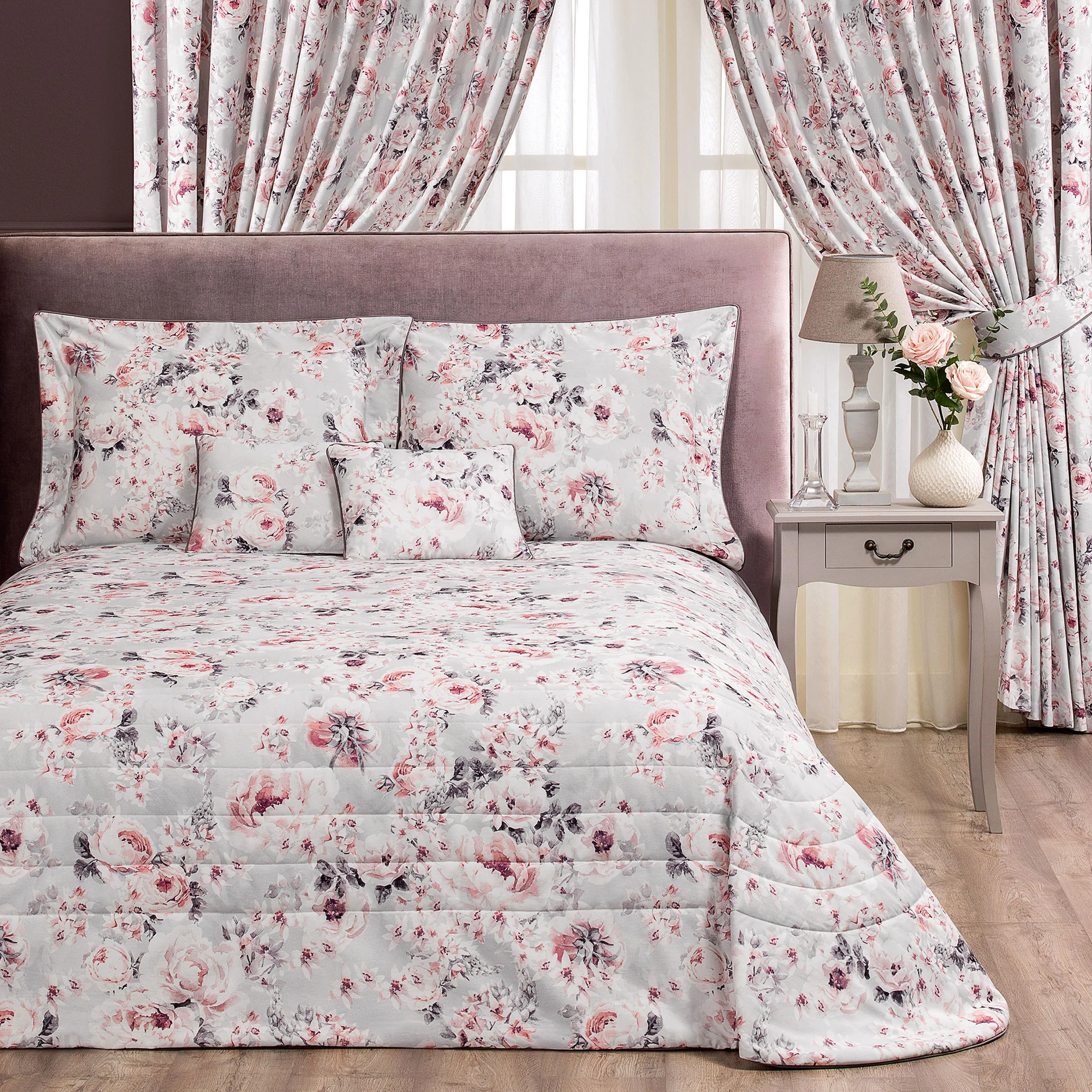 Bedspread - Loretta | Light Gray/Tonal Coral | 102" x 102" - Image 4