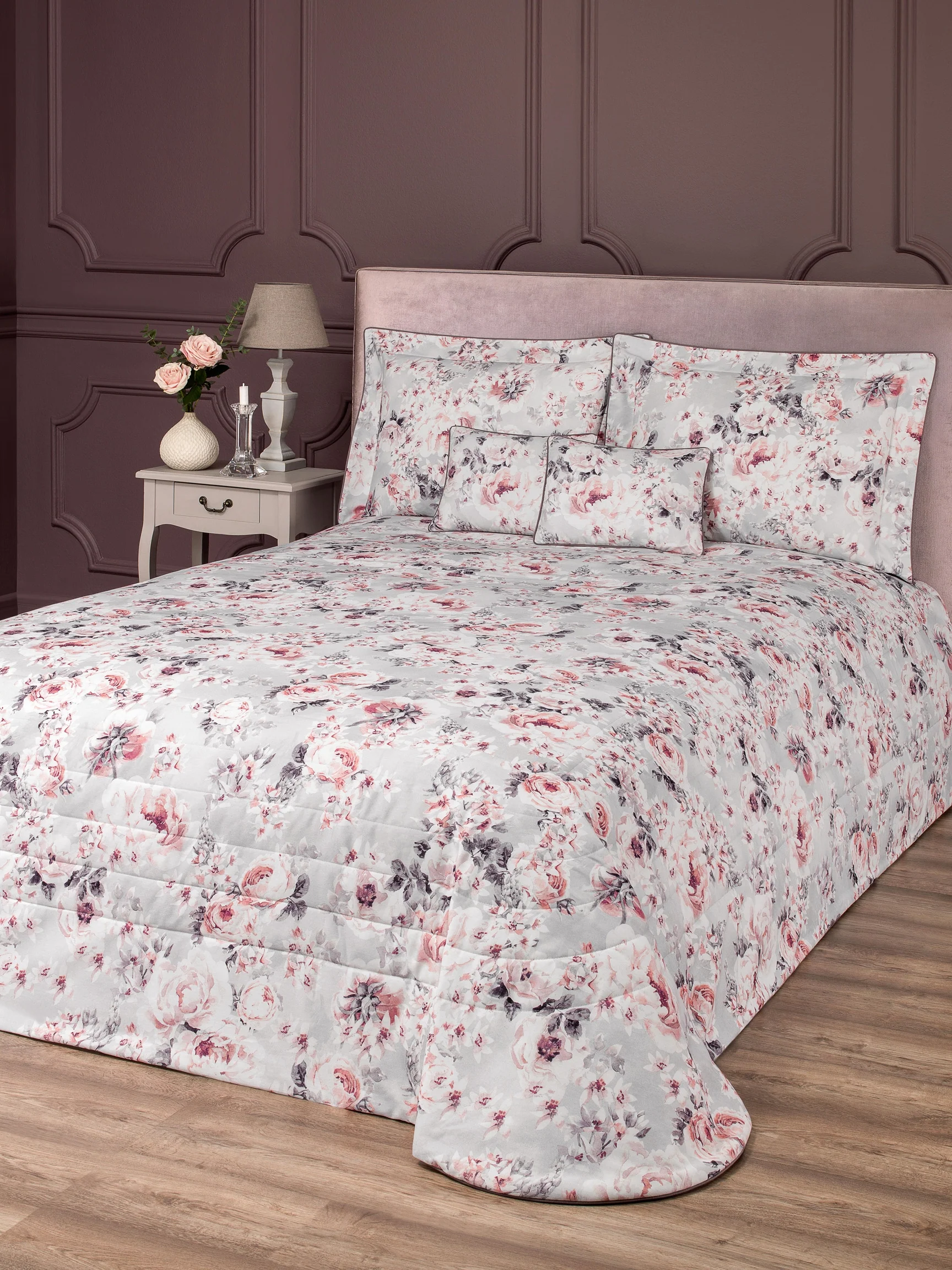 Bedspread - Loretta | Light Gray/Tonal Coral | 102" x 102" - Image 5