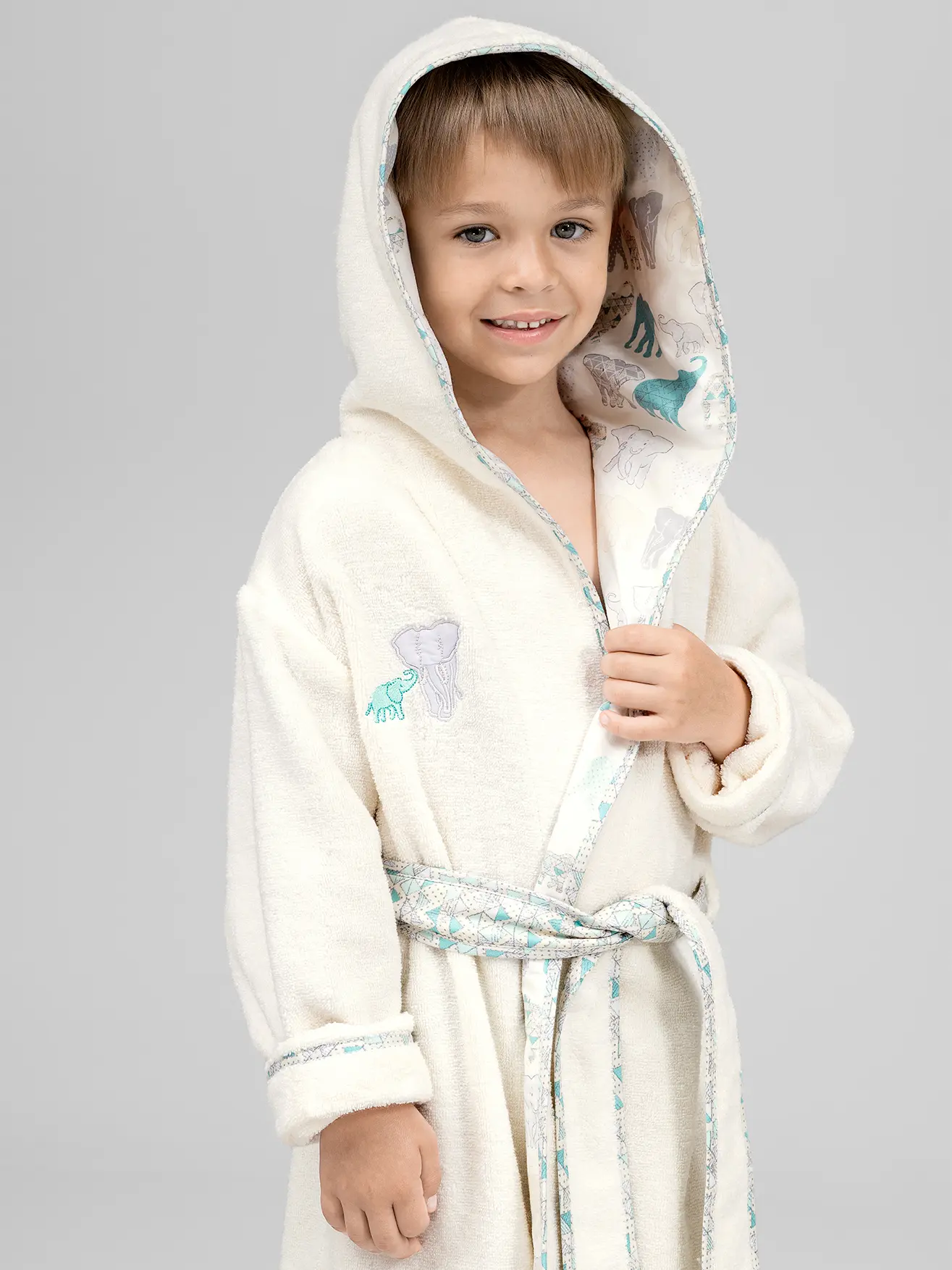 Kids | Bathrobe - Jumbo | Ecru with Green - Image 4